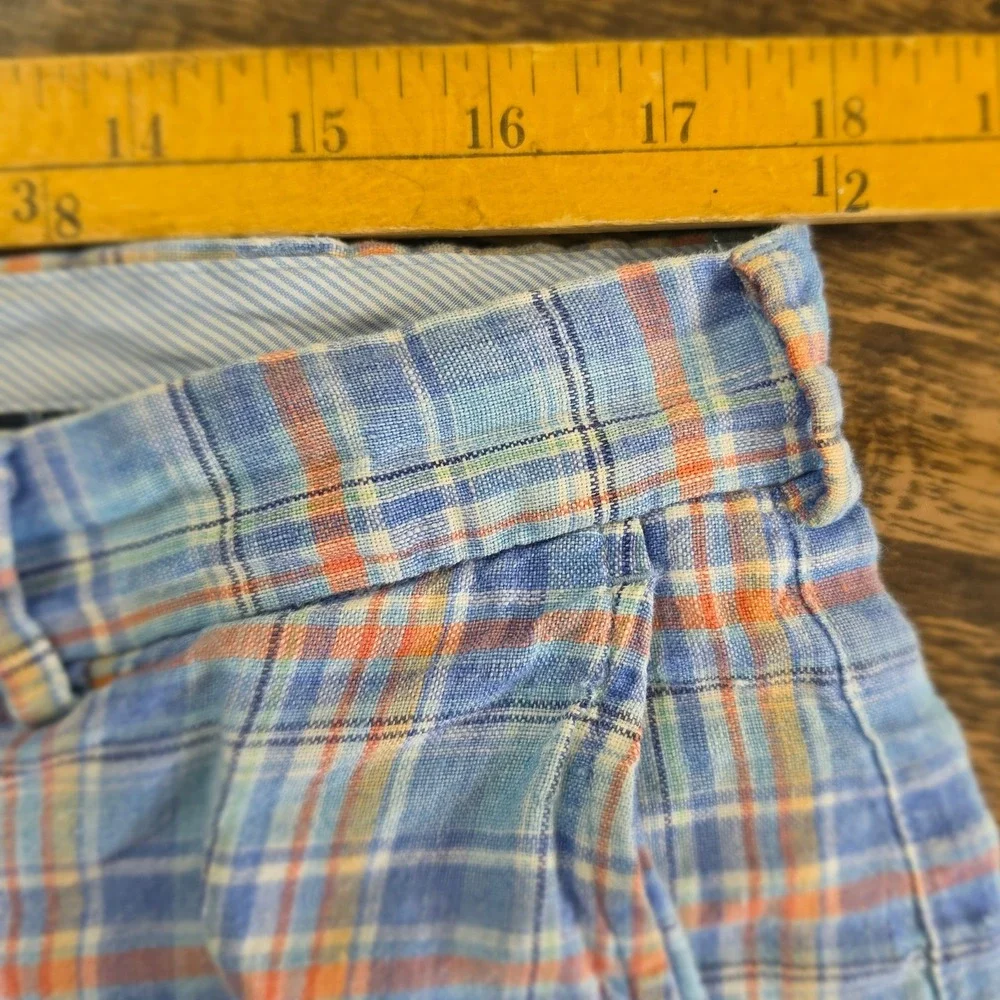 PETER MILLAR Plaid Shorts Mens 34 Blue Orange Linen Blend Flat Front Golf Summer